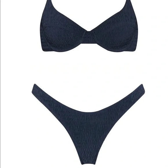 Navy ribbed triangl bikini - Picture 1 of 4